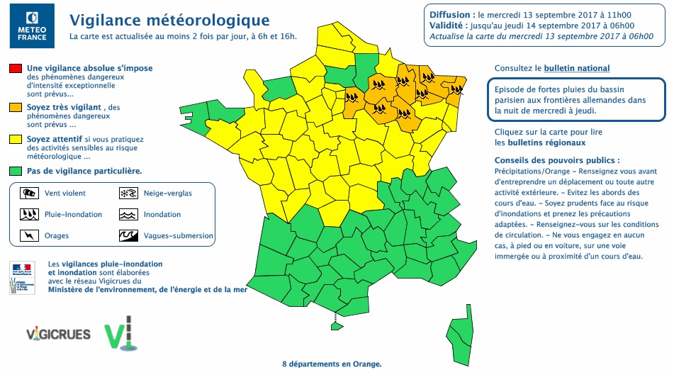 7 départements placés en vigilance orange pluie-inondation — Météo France